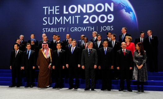 Heads of delegation pose for the official group photograph at the G20 summit at the ExCel centre, in east London